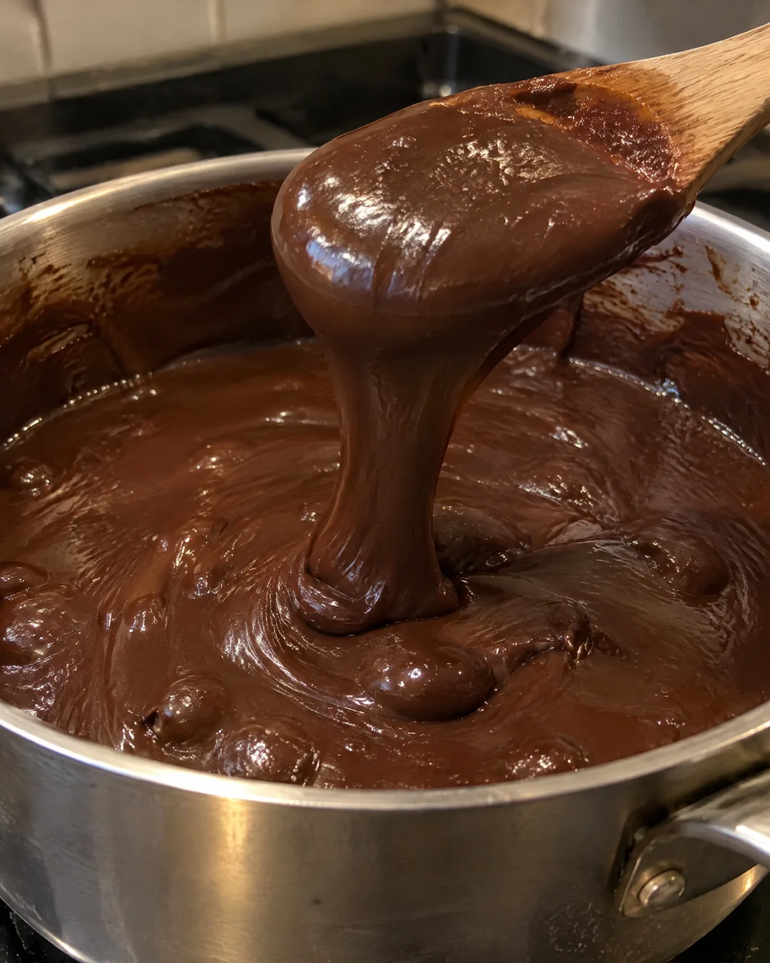 Dark glossy cocoa pie filling thickening in a saucepan