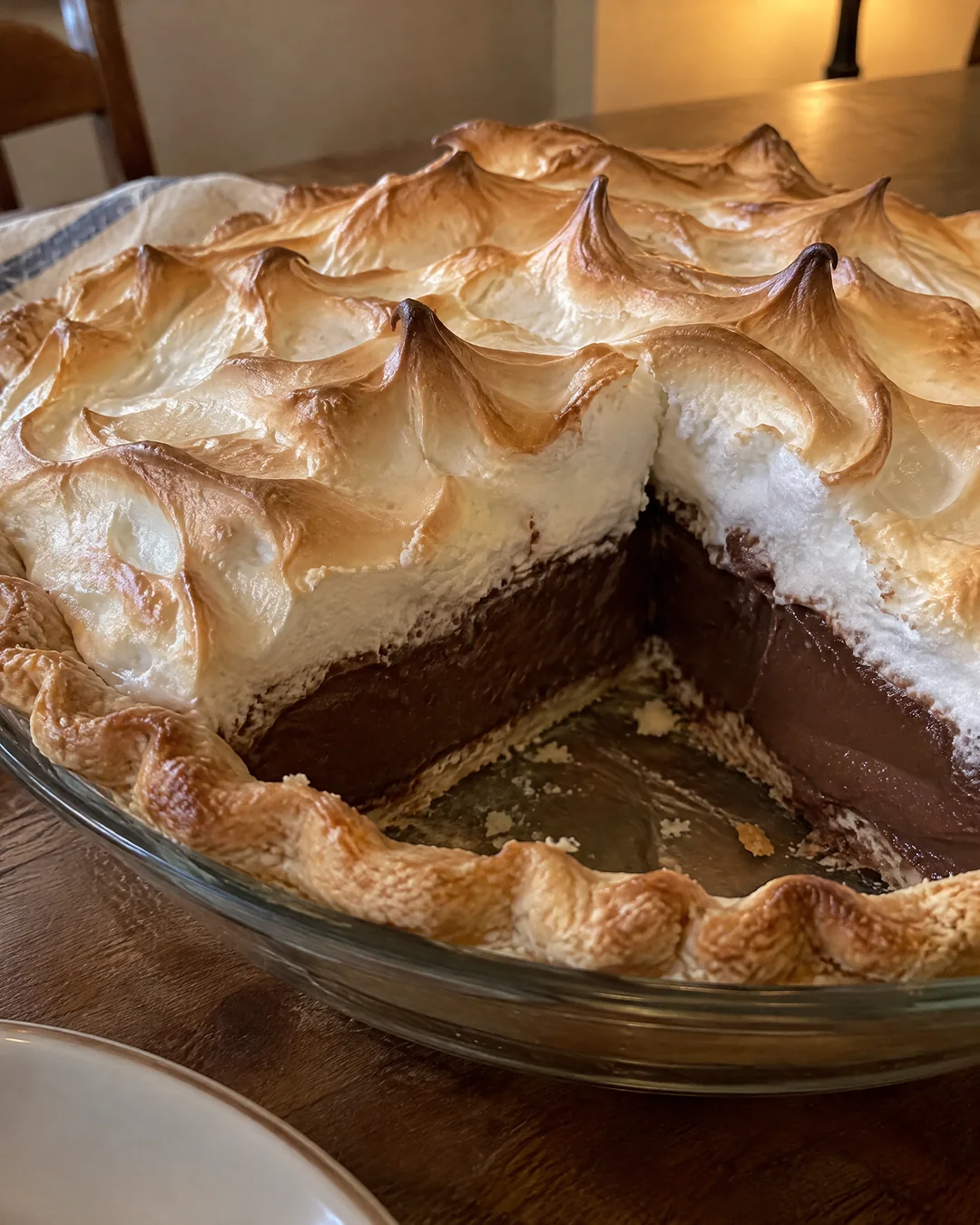 Whole chocolate meringue pie with golden brown peaks
