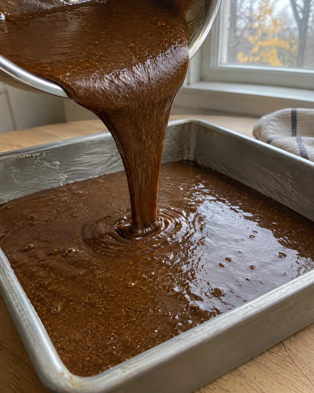 Thin dark molasses gingerbread batter being poured into a greased 9 inch square baking pan