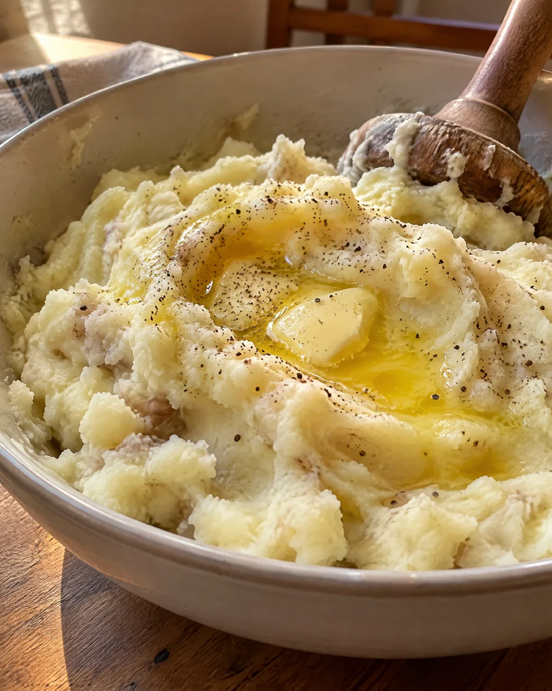 A bowl of fluffy old-fashioned mashed potatoes with a well of melting butter and a few small lumps