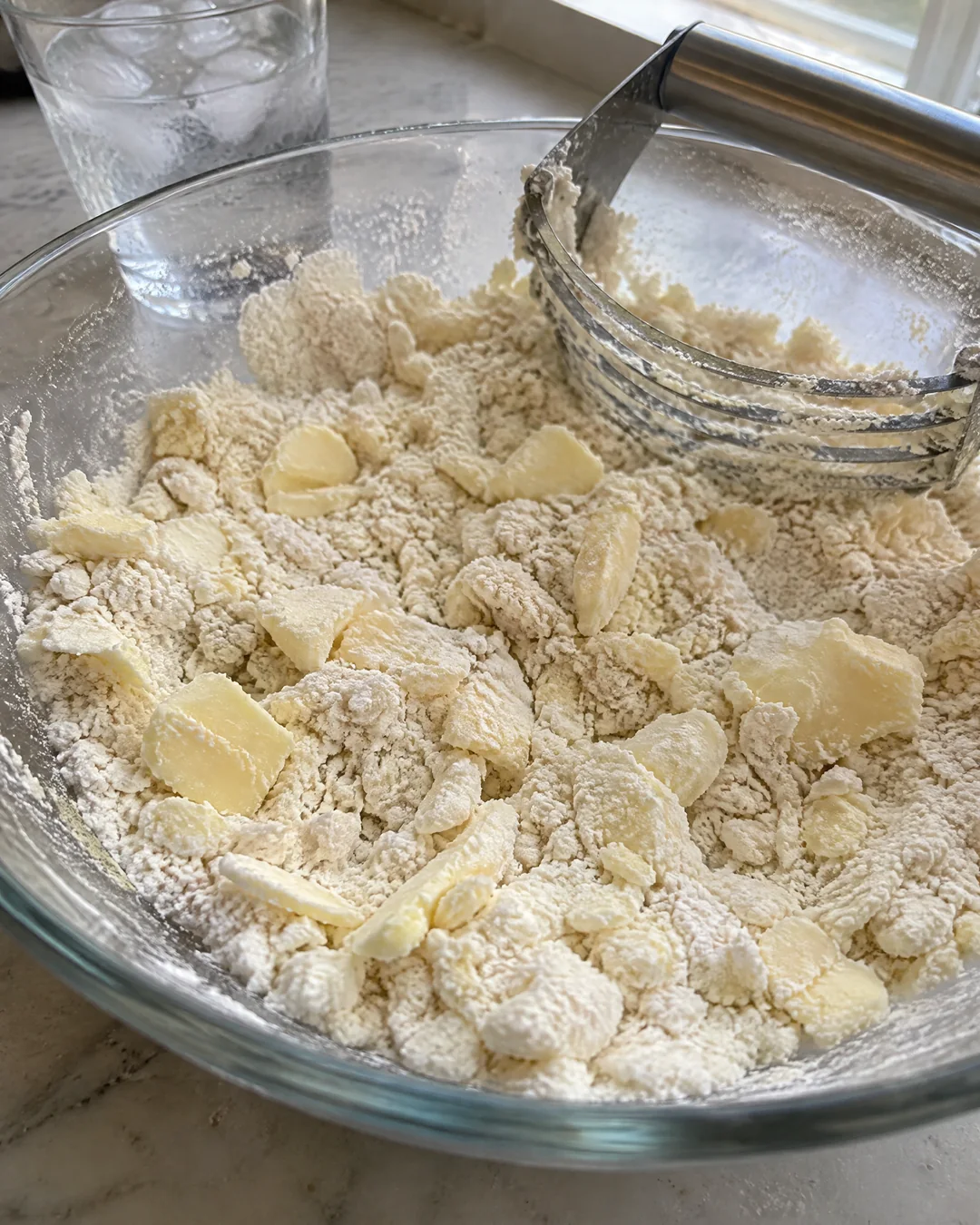 Cold butter cubes worked into flour until pea-size pieces remain