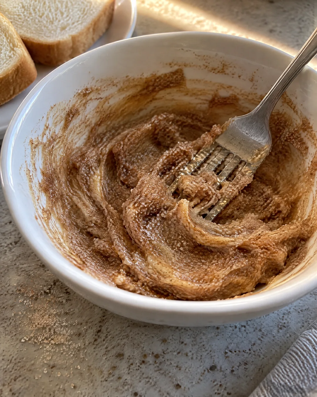 Butter, sugar and cinnamon mashed together into a soft brown paste in a bowl