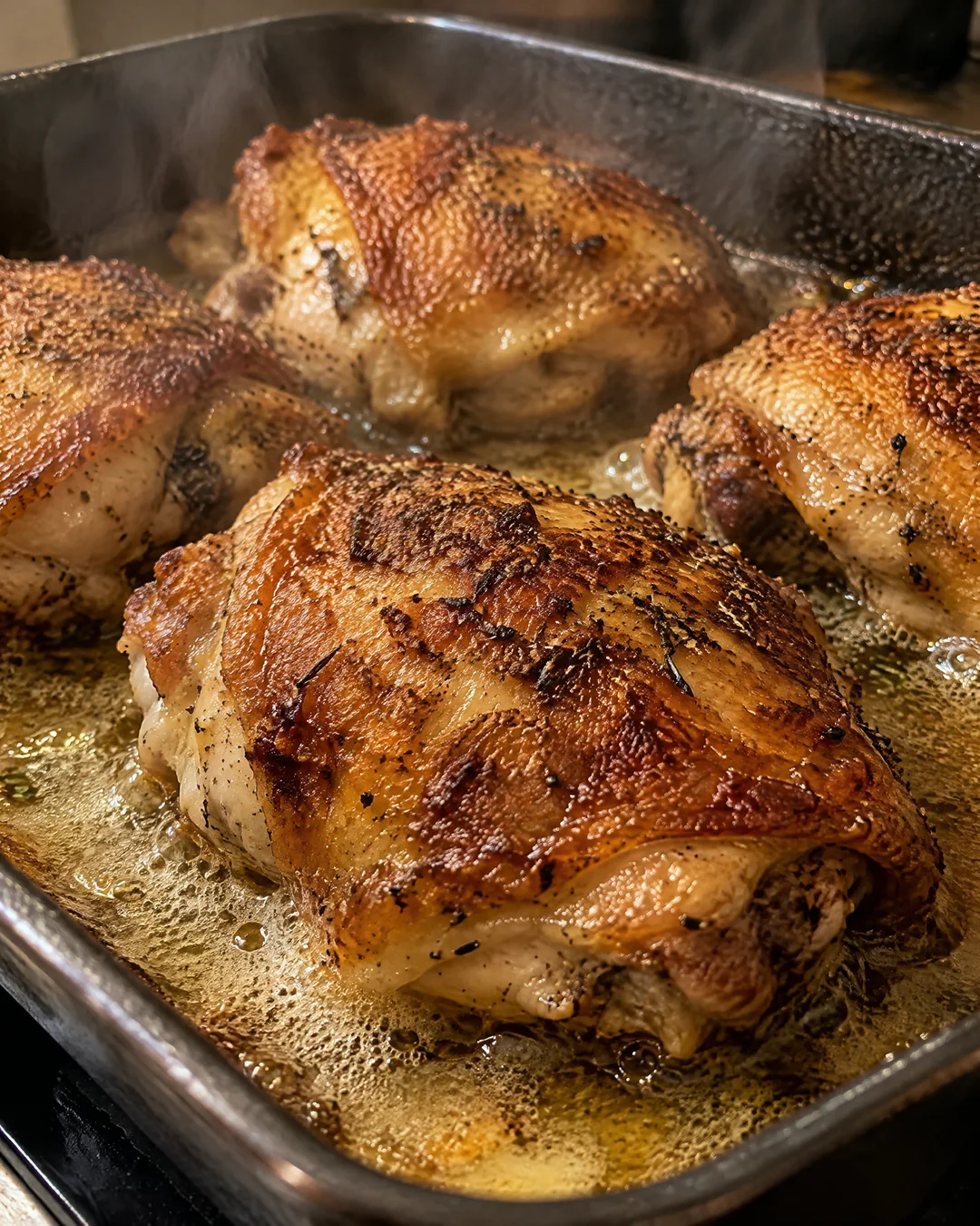 Oven-fried chicken skin side down in sizzling butter in a metal baking pan
