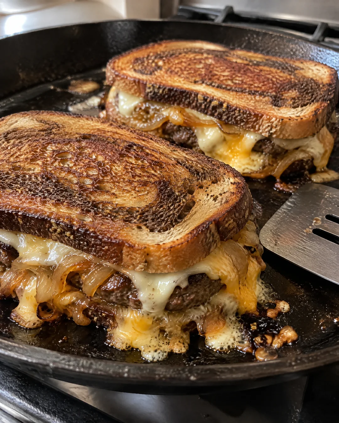 Patty melts grilling in butter in a skillet