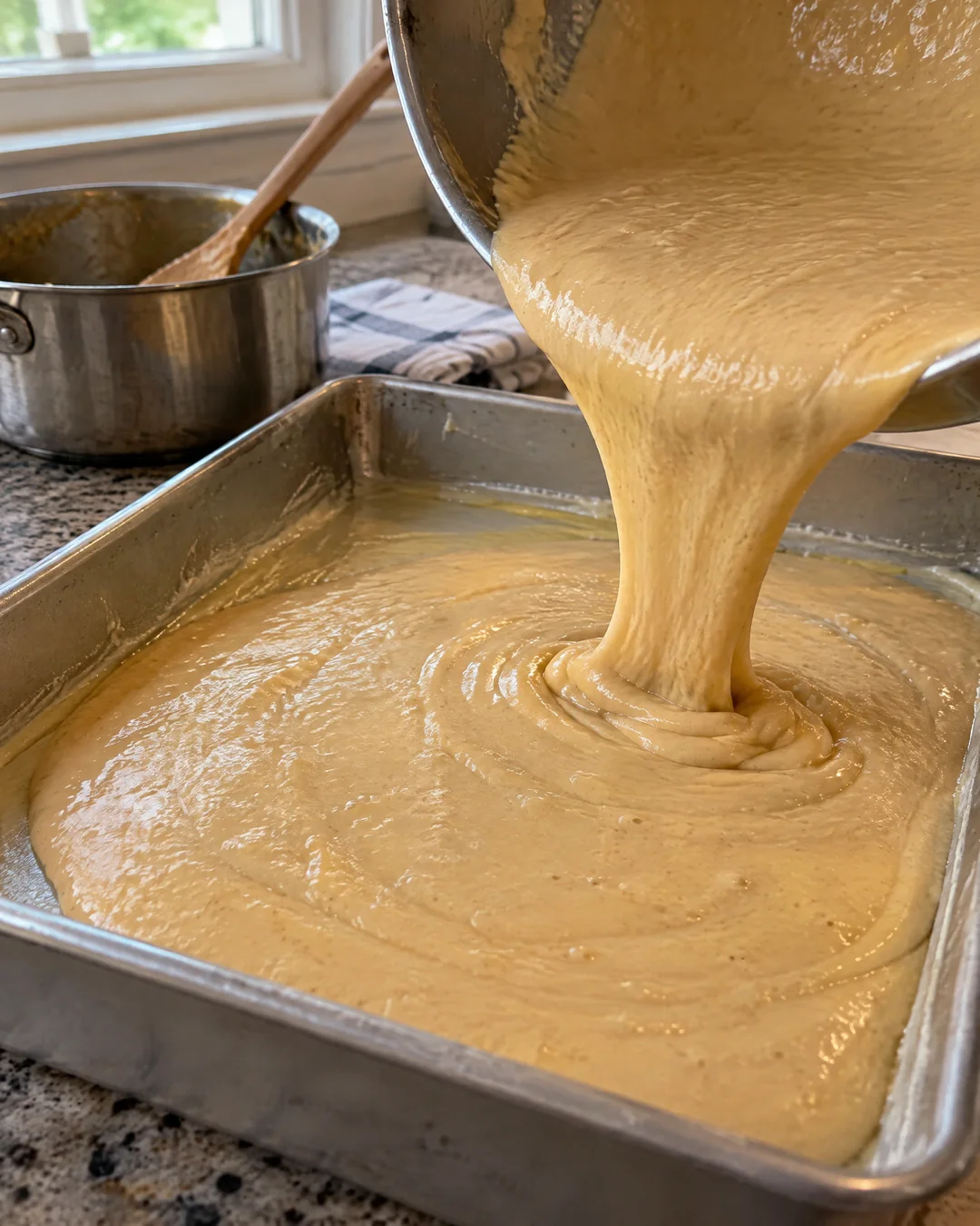 Thin peanut butter sheet cake batter being poured into a jelly roll pan