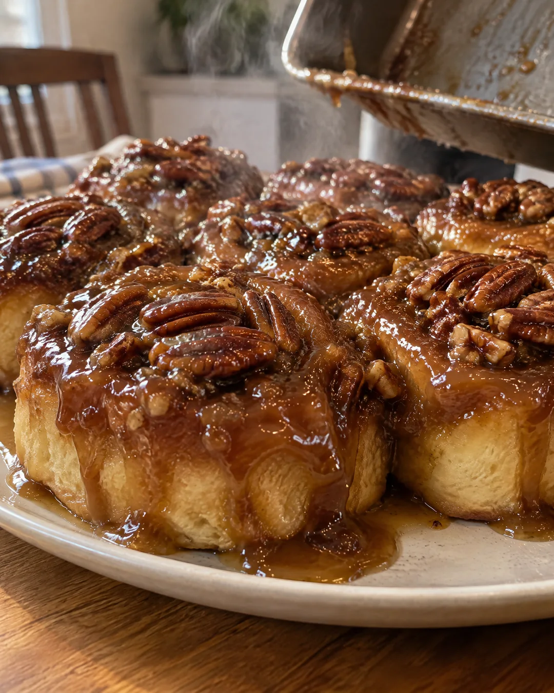 Pecan sticky buns turned out onto a platter with caramel running down the sides