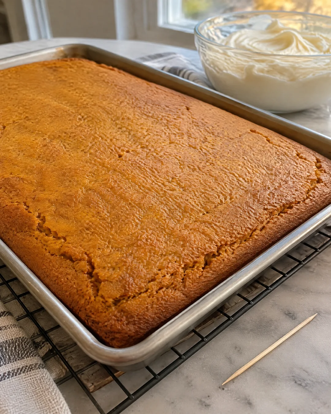 A sheet pan of baked pumpkin cake cooling on a rack before frosting