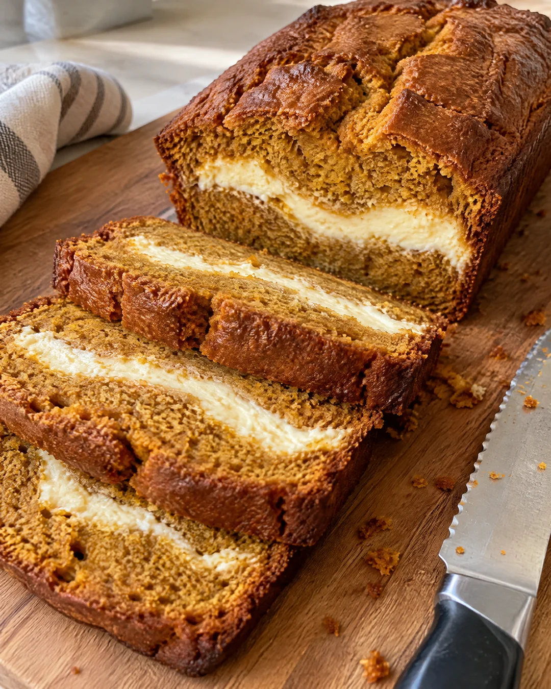 Sliced pumpkin cream cheese bread showing the white stripe through the middle