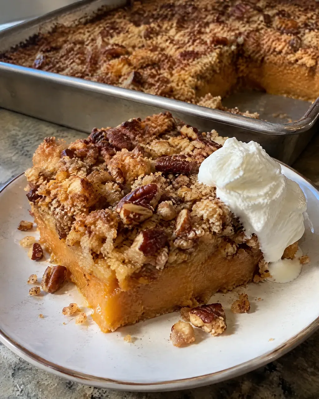 Pumpkin Crunch Cake from Scratch (Pumpkin Pie Bottom, Crisp Pecan Crumble Top)