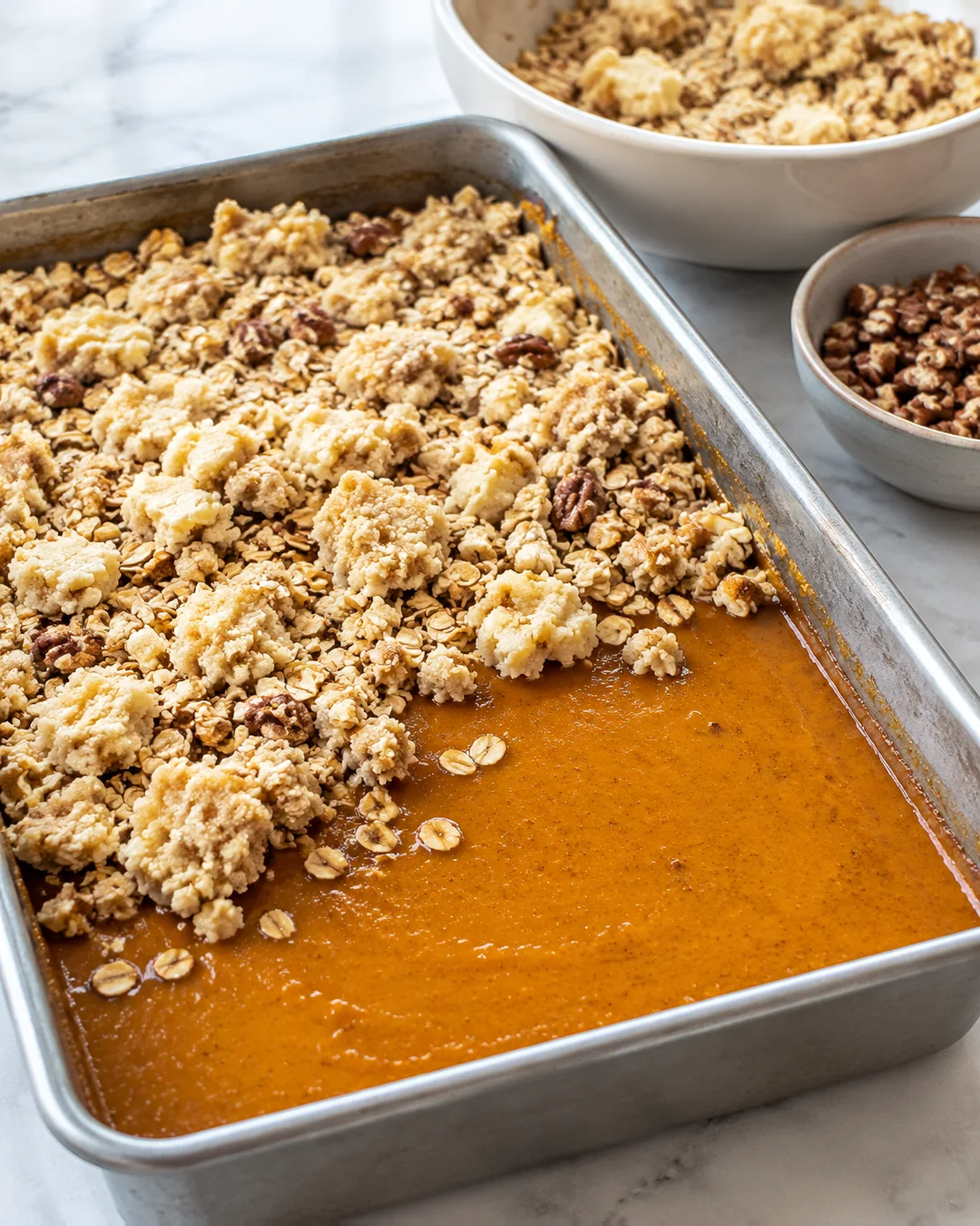 Crumble topping being scattered over pumpkin filling in a baking pan