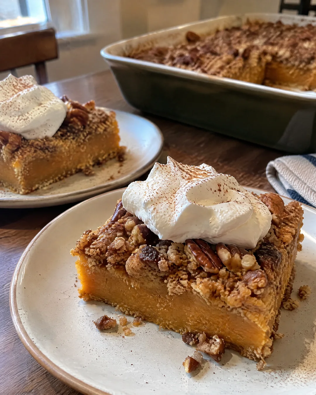 Squares of pumpkin crunch cake with whipped cream