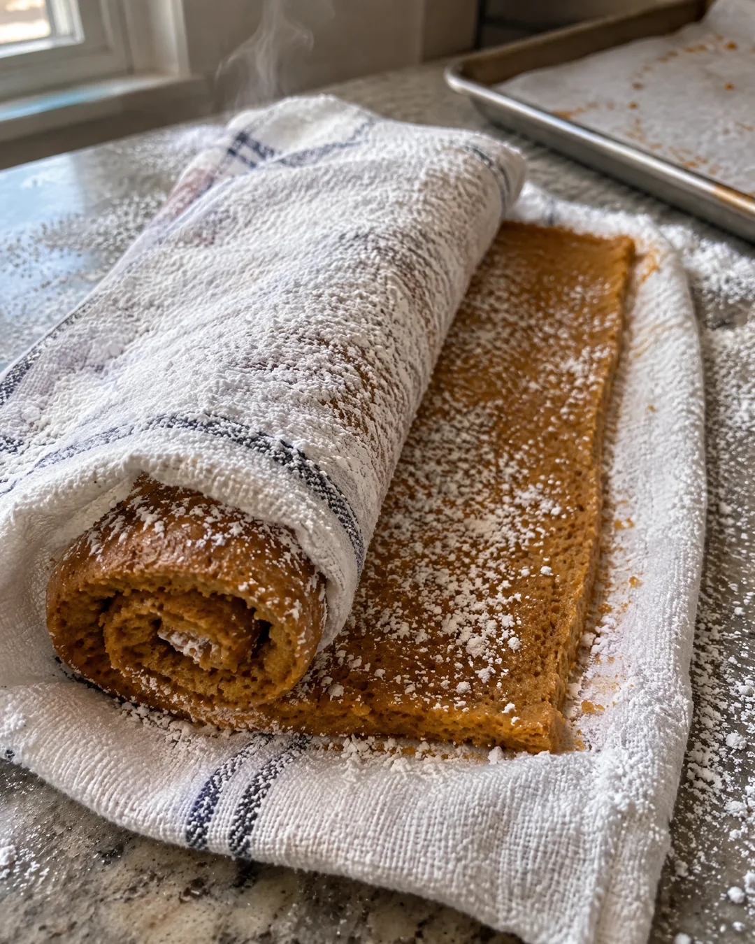 A hot pumpkin sponge cake being rolled up inside a powdered-sugar dusted dish towel on the counter