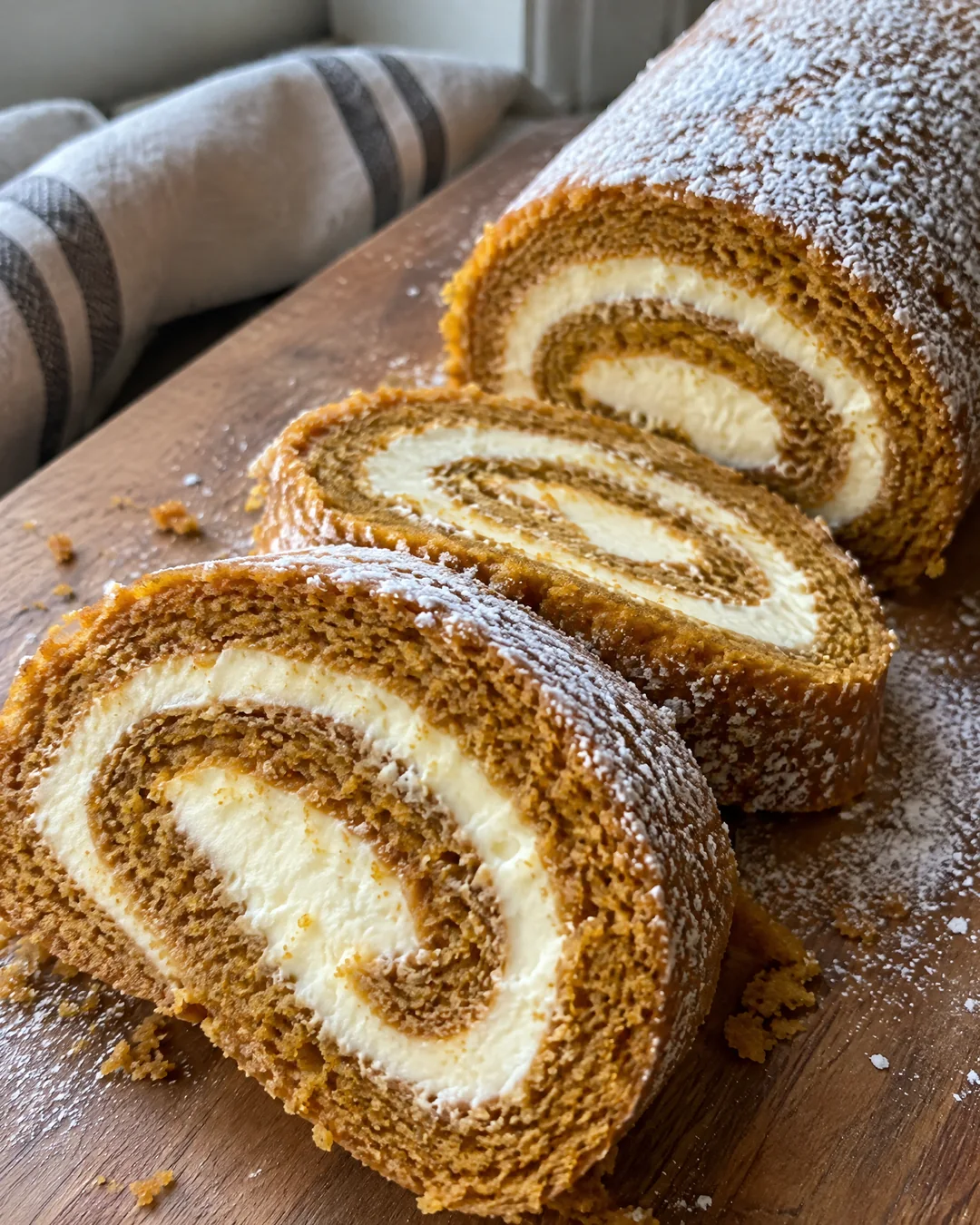 A pumpkin roll sliced on a board, showing the orange spice cake spiral around white cream cheese filling