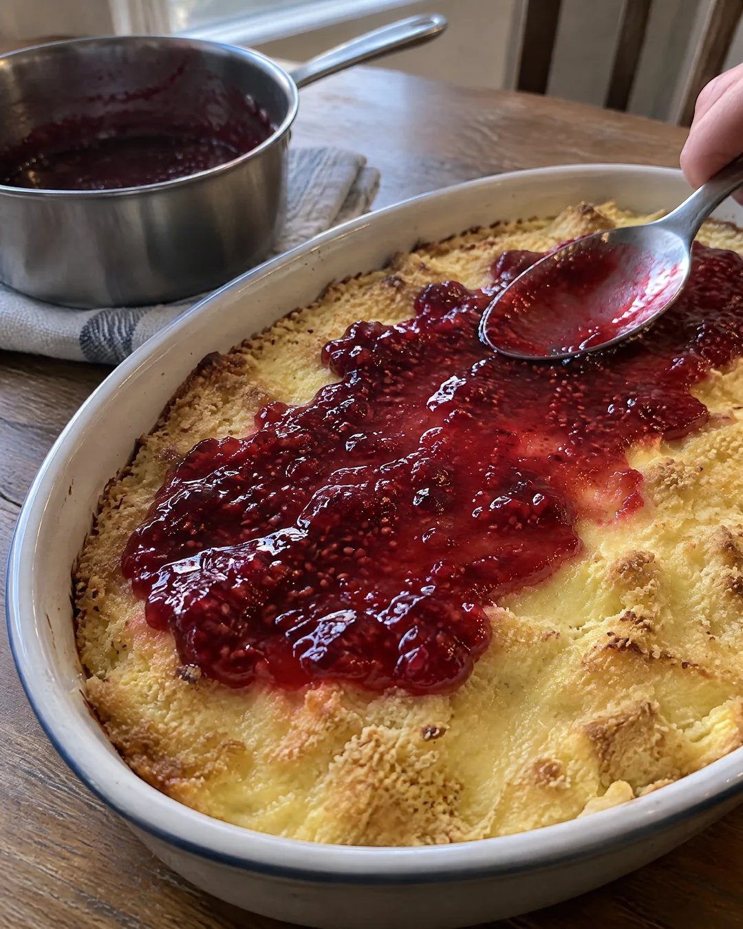 Warm raspberry jam being spread over a set breadcrumb custard in a baking dish