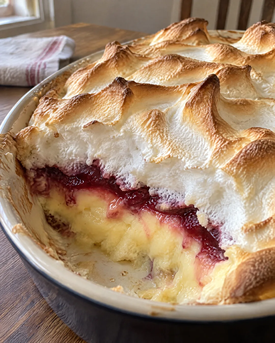 Queen of puddings with golden brown meringue peaks in its baking dish