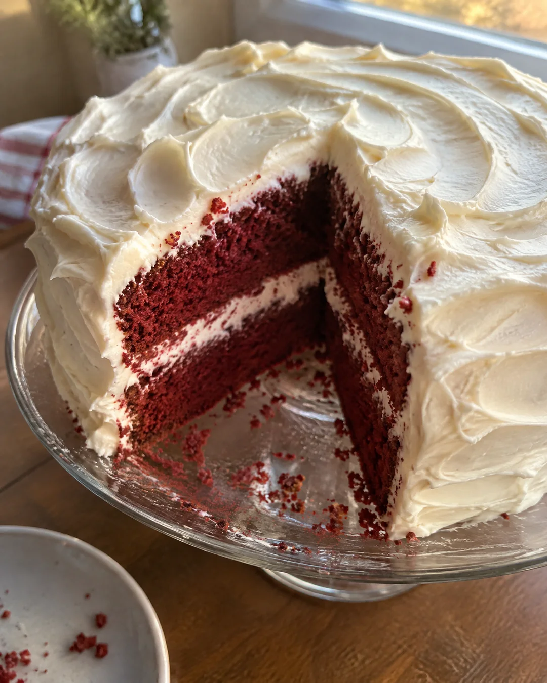 A whole red velvet layer cake on a glass stand covered in swirls of white cooked frosting, one wedge removed to show the red crumb