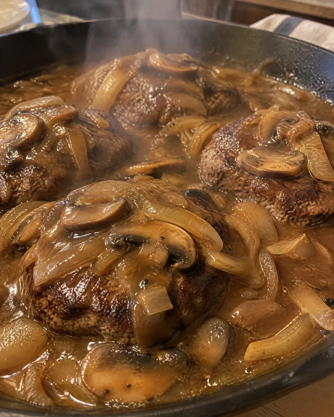 Mushroom and onion gravy in the skillet
