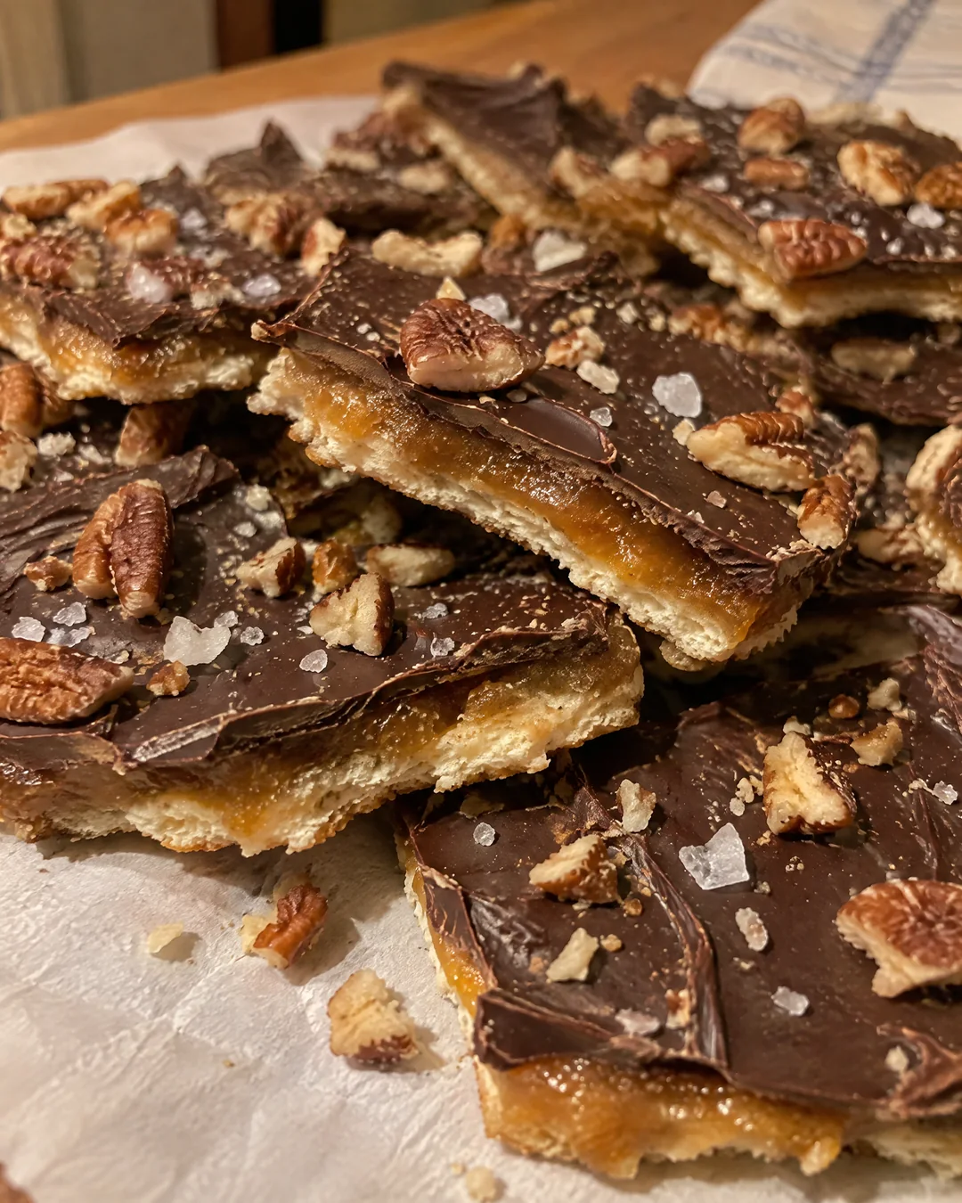 Broken pieces of saltine toffee with chocolate and pecans on parchment