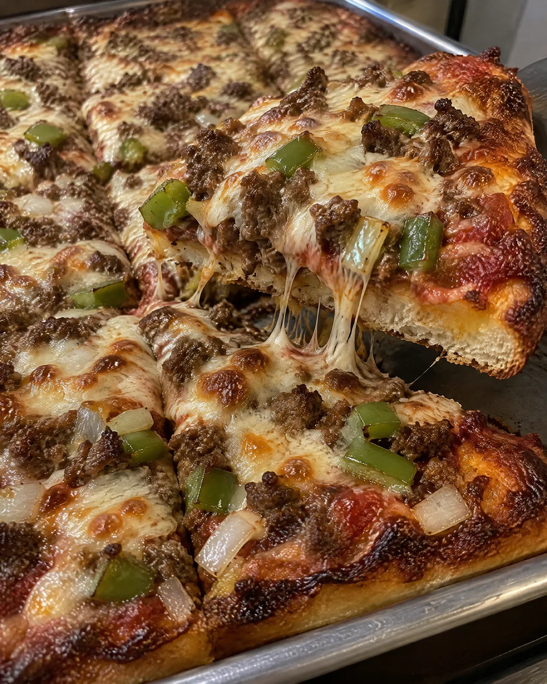 Sheet pan pizza out of the oven with crisp brown cheese edges