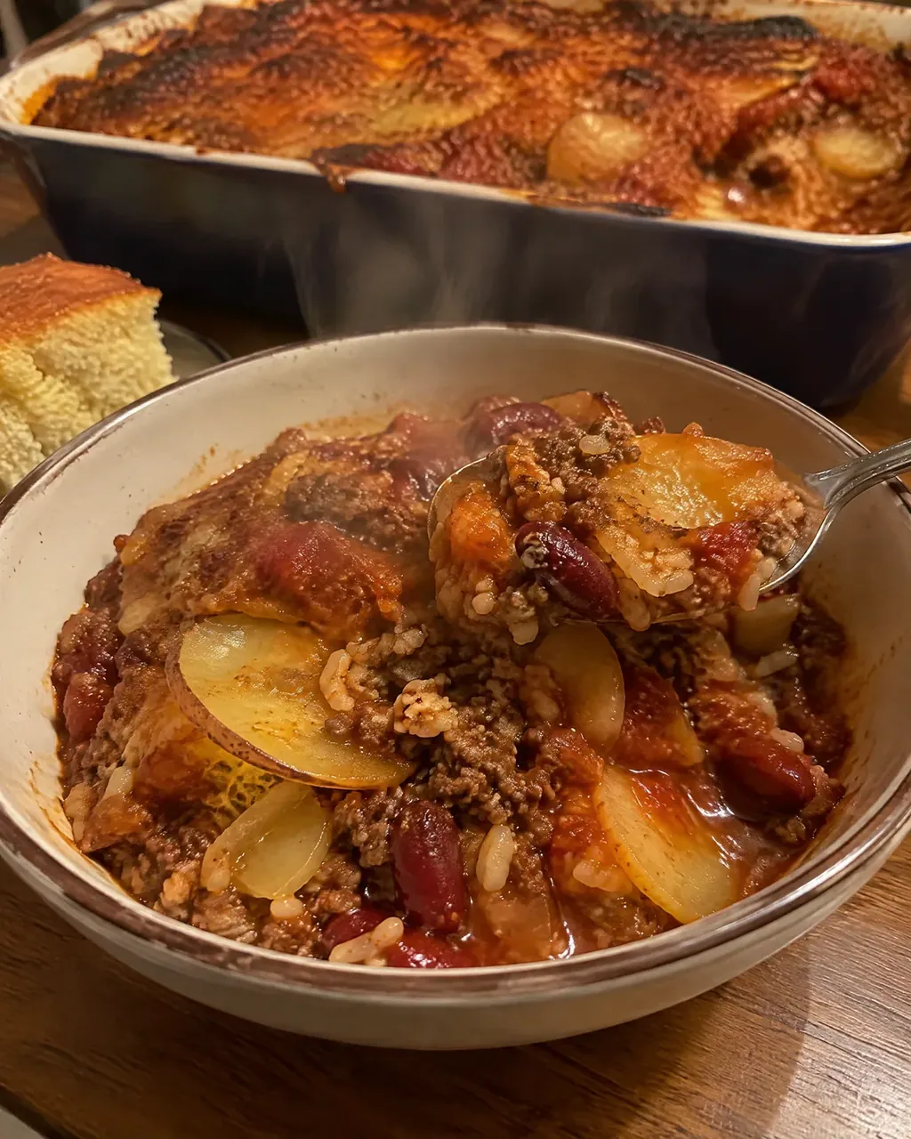 Shipwreck Casserole (Layered Potatoes, Ground Beef, Rice and Beans in Tomato Sauce)