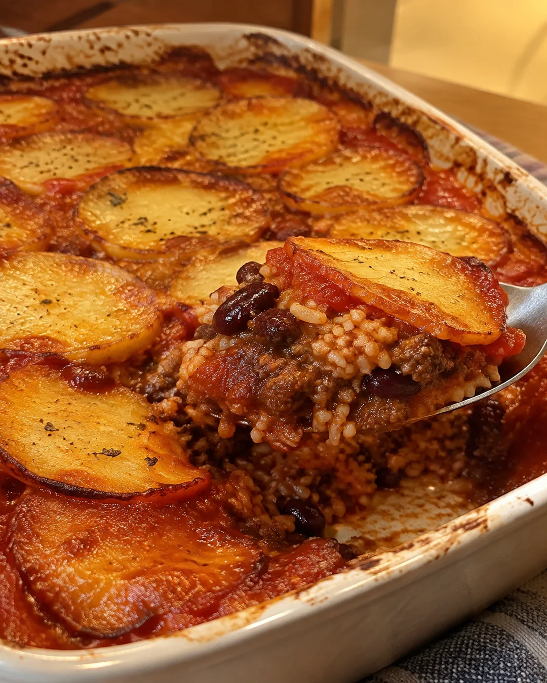 Baked shipwreck casserole bubbling in its dish