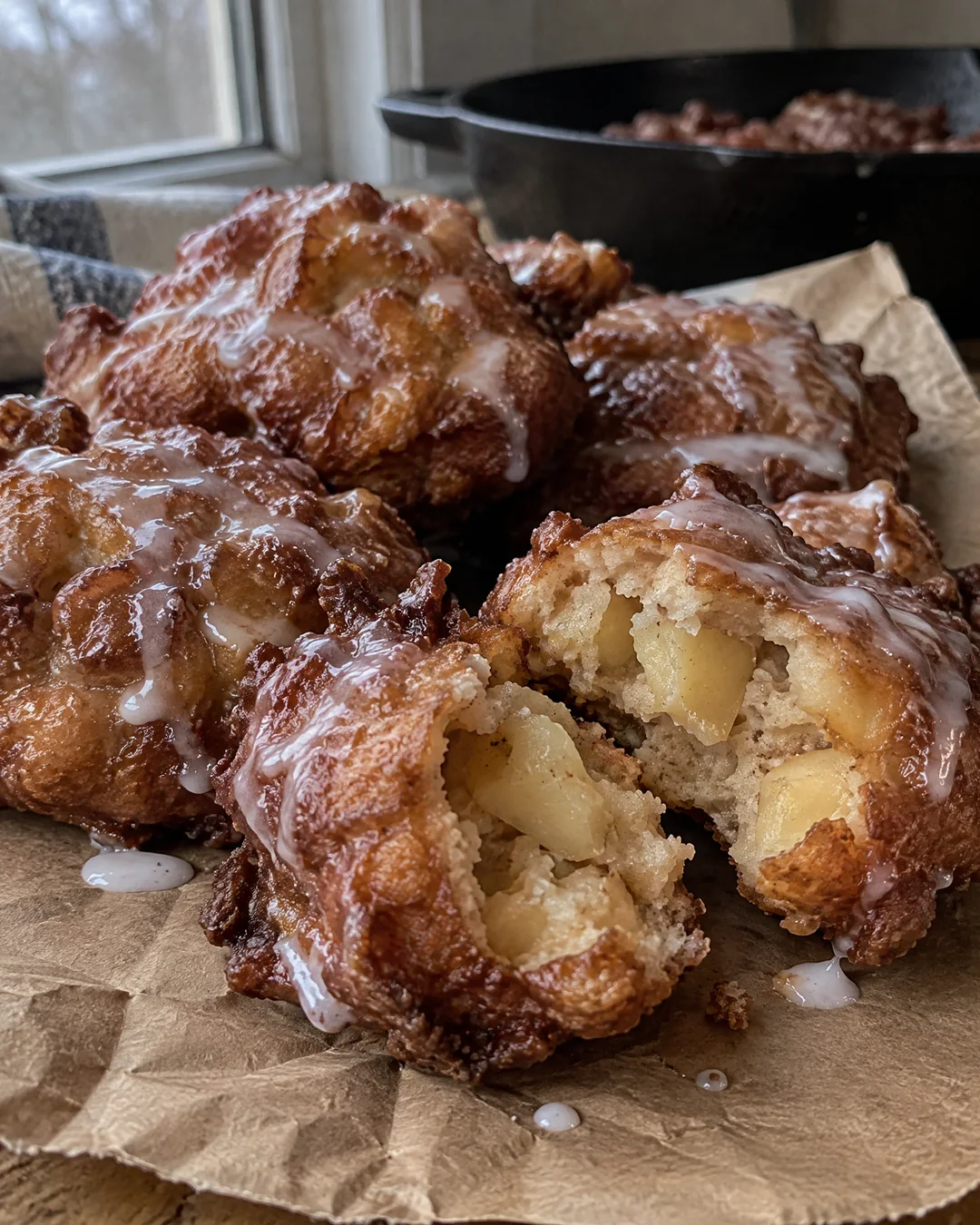 A pile of glazed apple fritters on a torn paper sack, one broken open to show the tender apple pieces inside