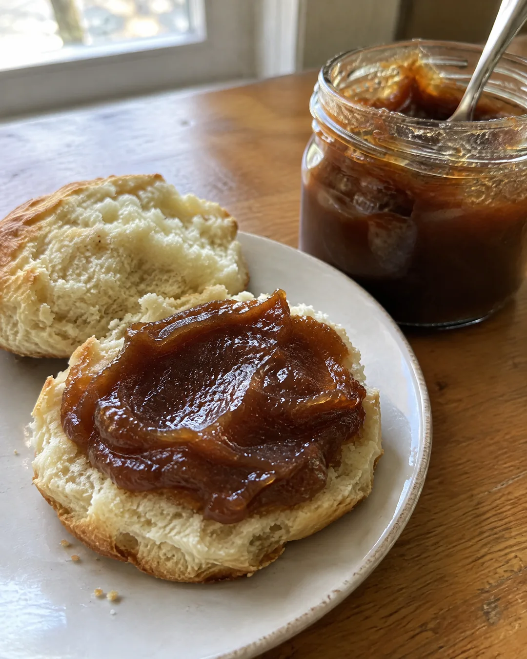 Dark thick apple butter spread on a split biscuit with a jar beside it