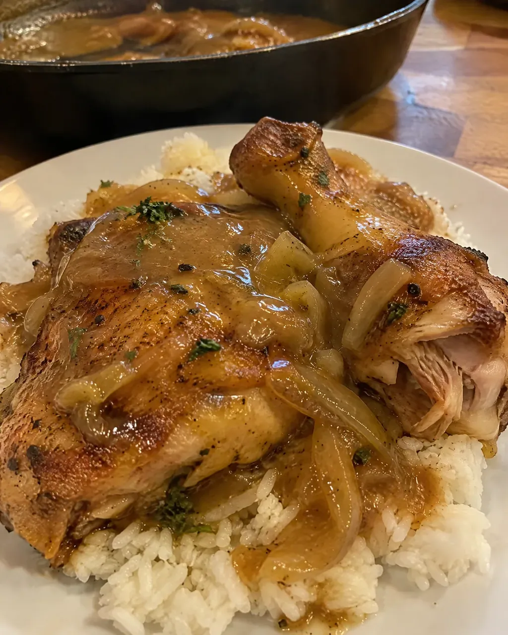 Southern Smothered Chicken in Onion Gravy (Over Rice)