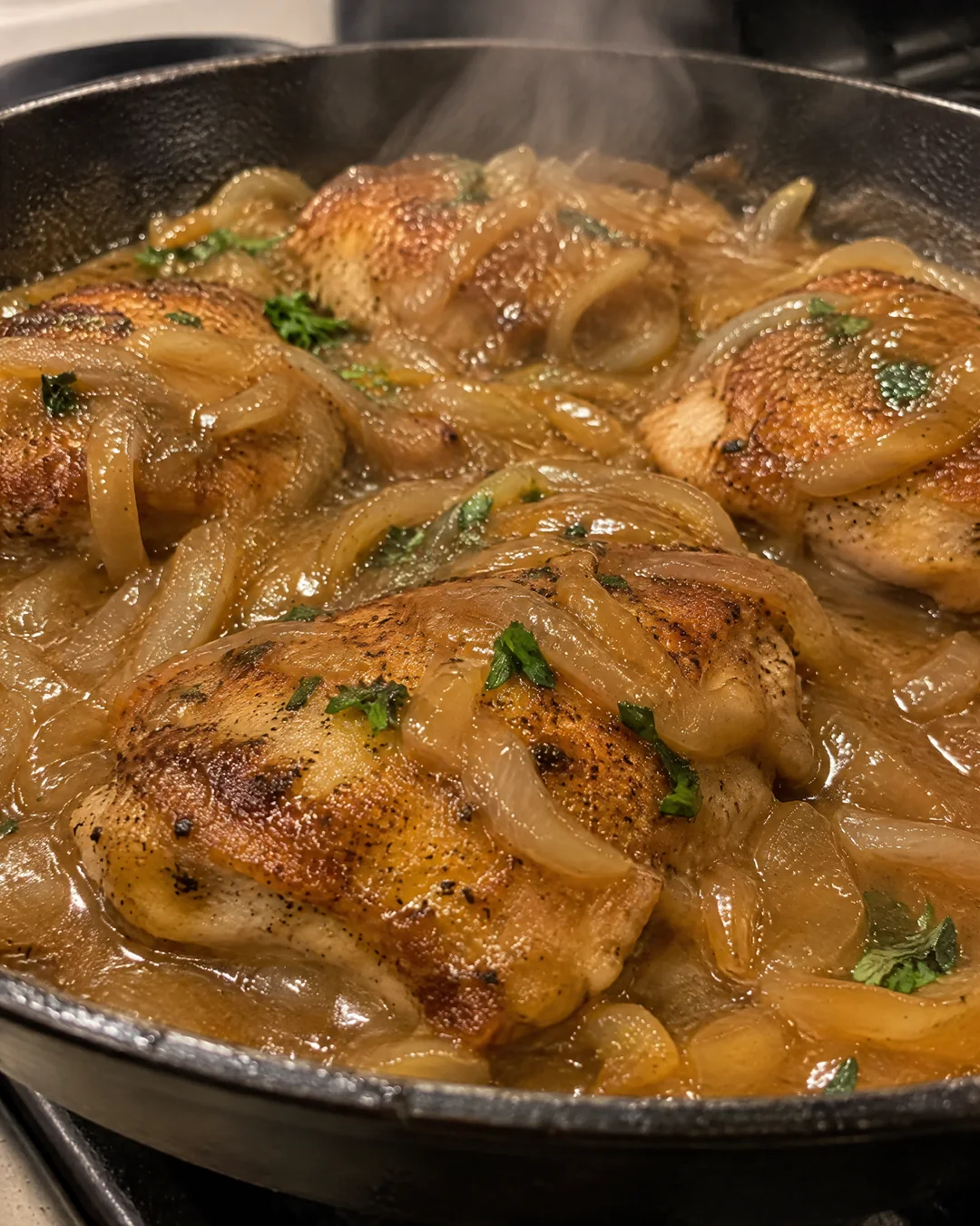 Smothered chicken simmering in onion gravy in a skillet