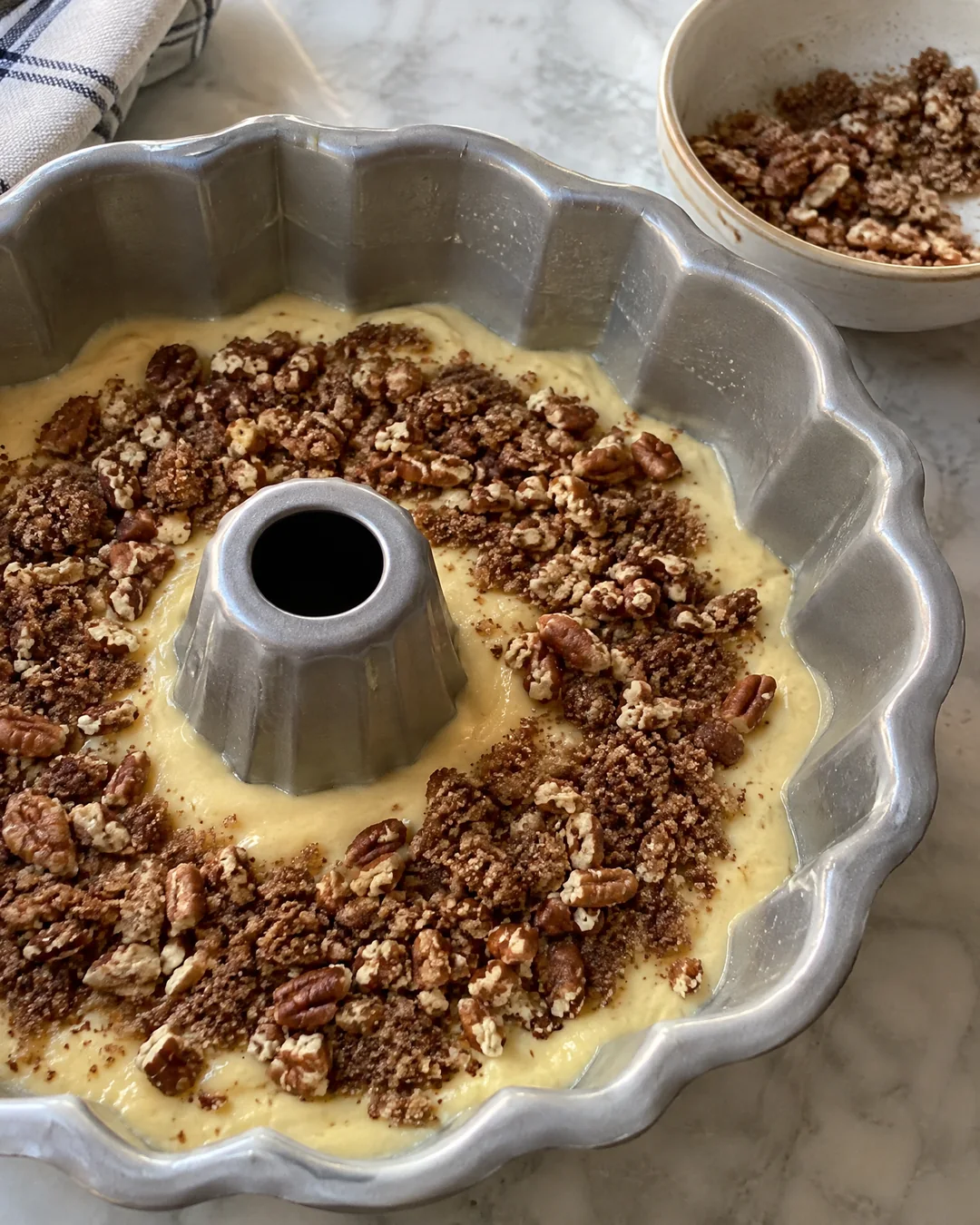 Brown sugar, cinnamon and chopped pecan filling scattered over the first layer of yellow batter in a Bundt pan