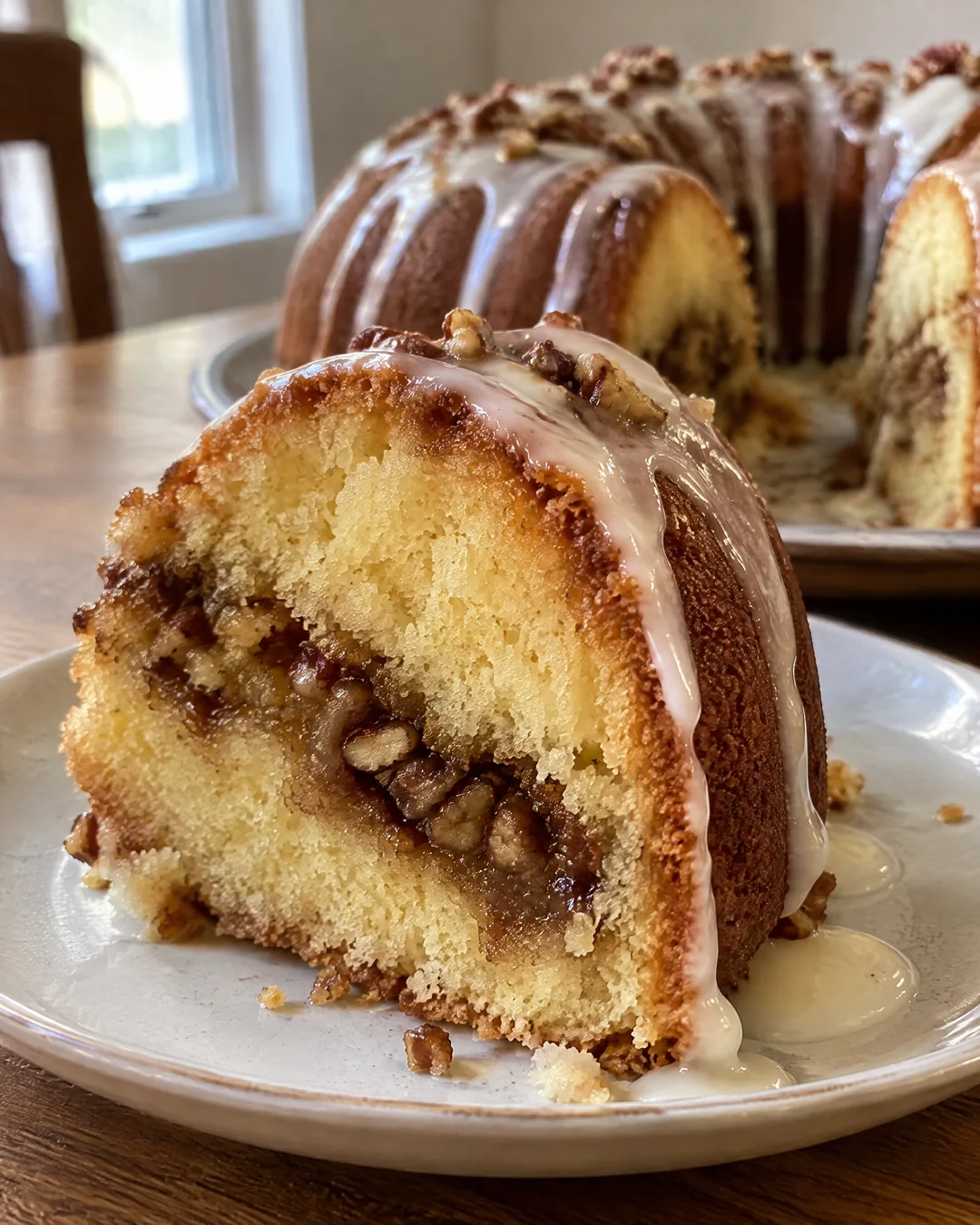 A slice of sock-it-to-me cake showing the dark cinnamon pecan streak through the golden crumb, thin white glaze on the ridges