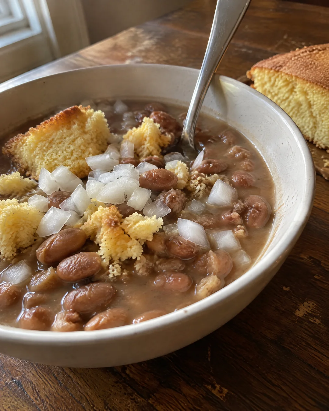 A bowl of soup beans with cornbread crumbled over the top and chopped raw onion, a spoon in the bowl