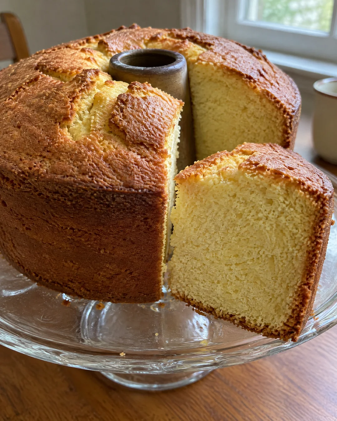A tall sour cream pound cake on a cake stand with a slice cut to show the fine golden crumb