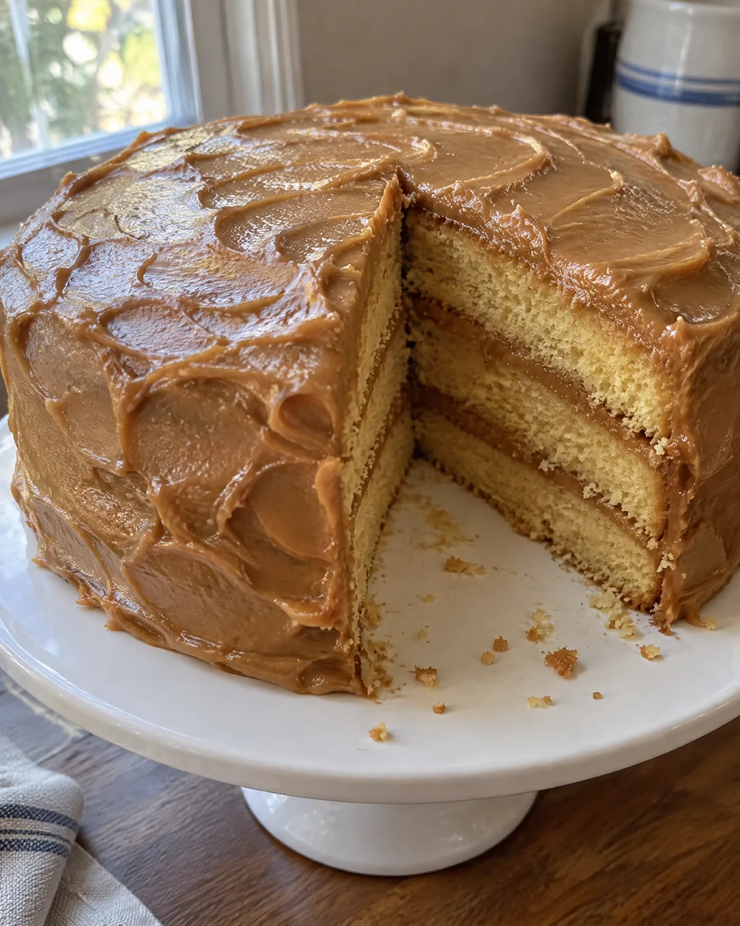 A whole three-layer Southern caramel cake on a stand with a wedge removed to show the yellow layers