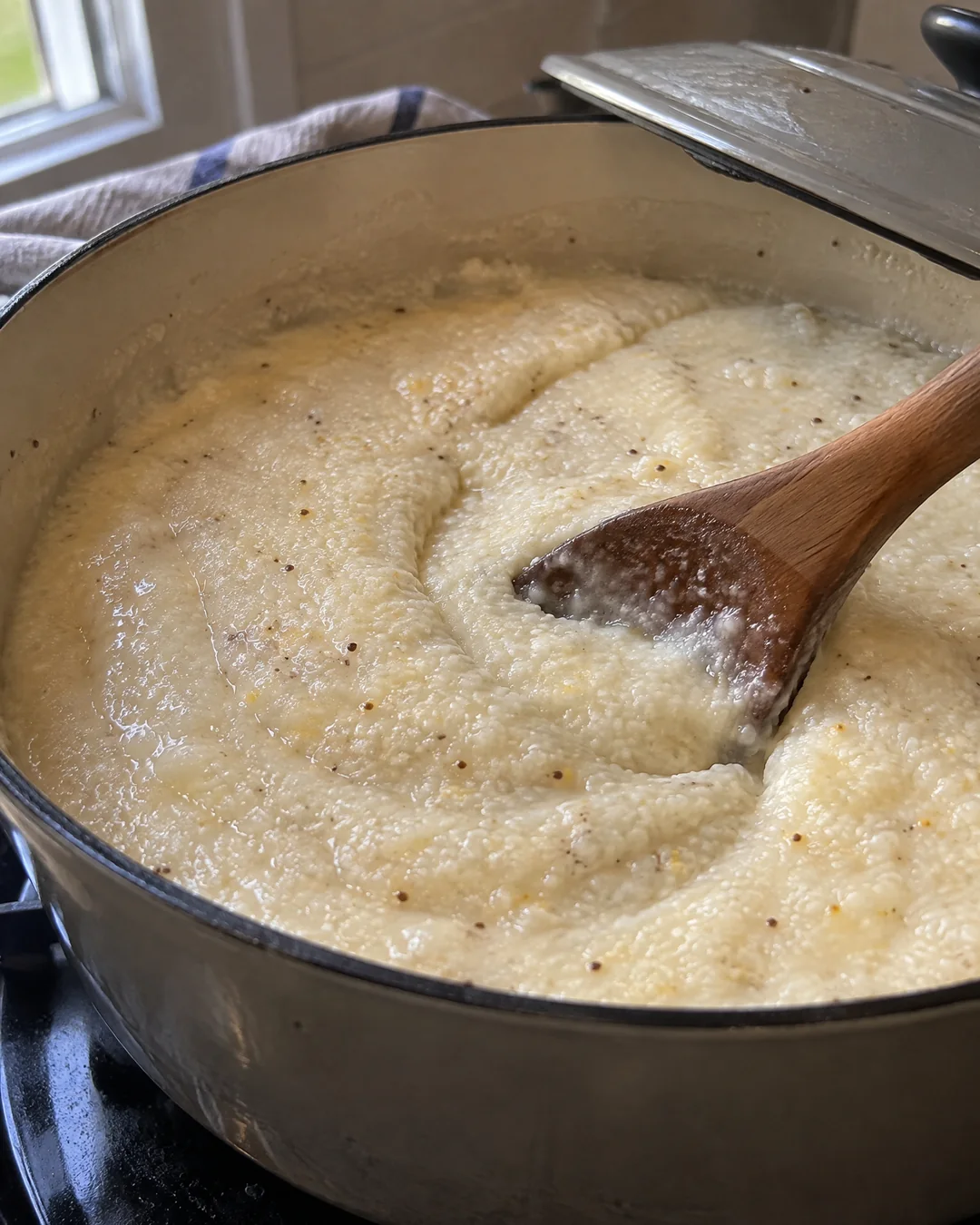 A heavy pot of creamy stone-ground grits being stirred from the bottom with a wooden spoon, thick and barely bubbling