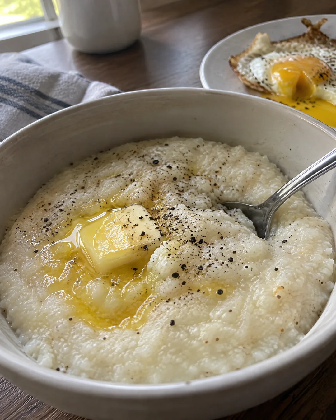 A bowl of creamy Southern grits with a pat of butter melting into the middle and black pepper on top