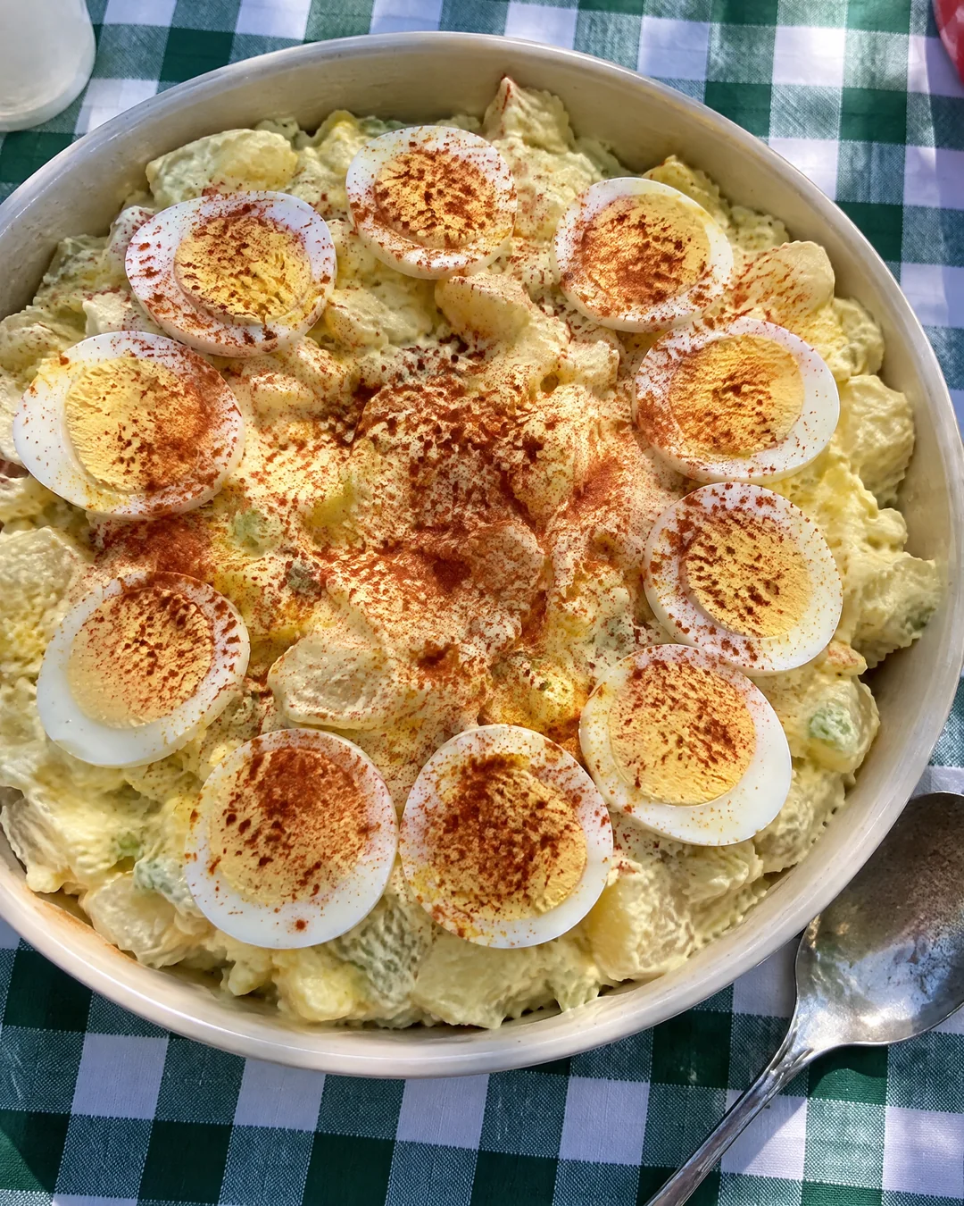 A full serving bowl of yellow Southern potato salad seen from above, dusted with paprika and topped with egg slices