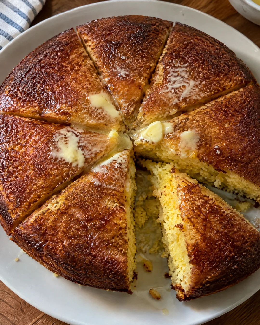 A round of skillet cornbread turned out crust side up and cut into wedges, butter melting into the deep brown crust