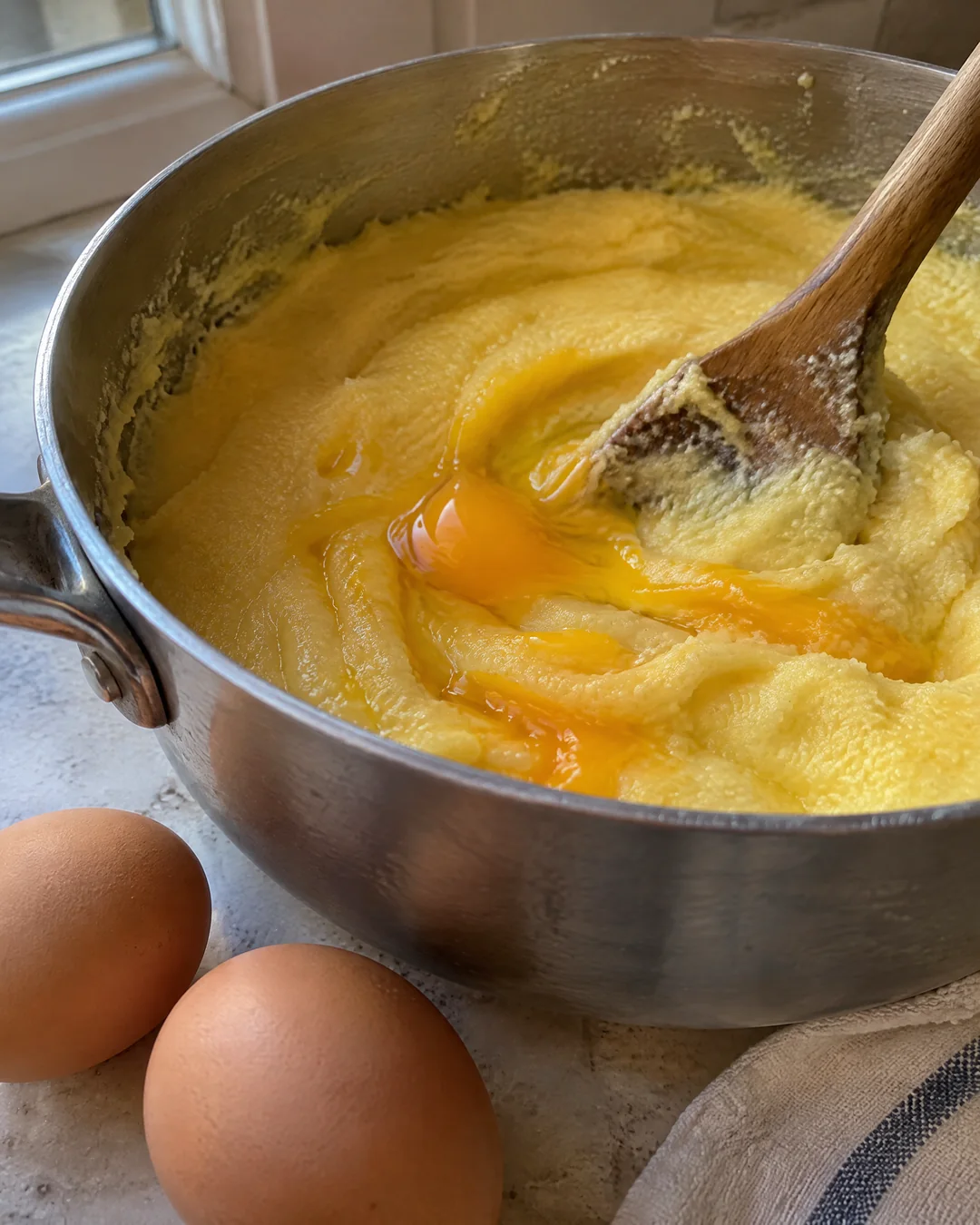 Eggs being beaten into thick cooked cornmeal mush in a saucepan with a wooden spoon