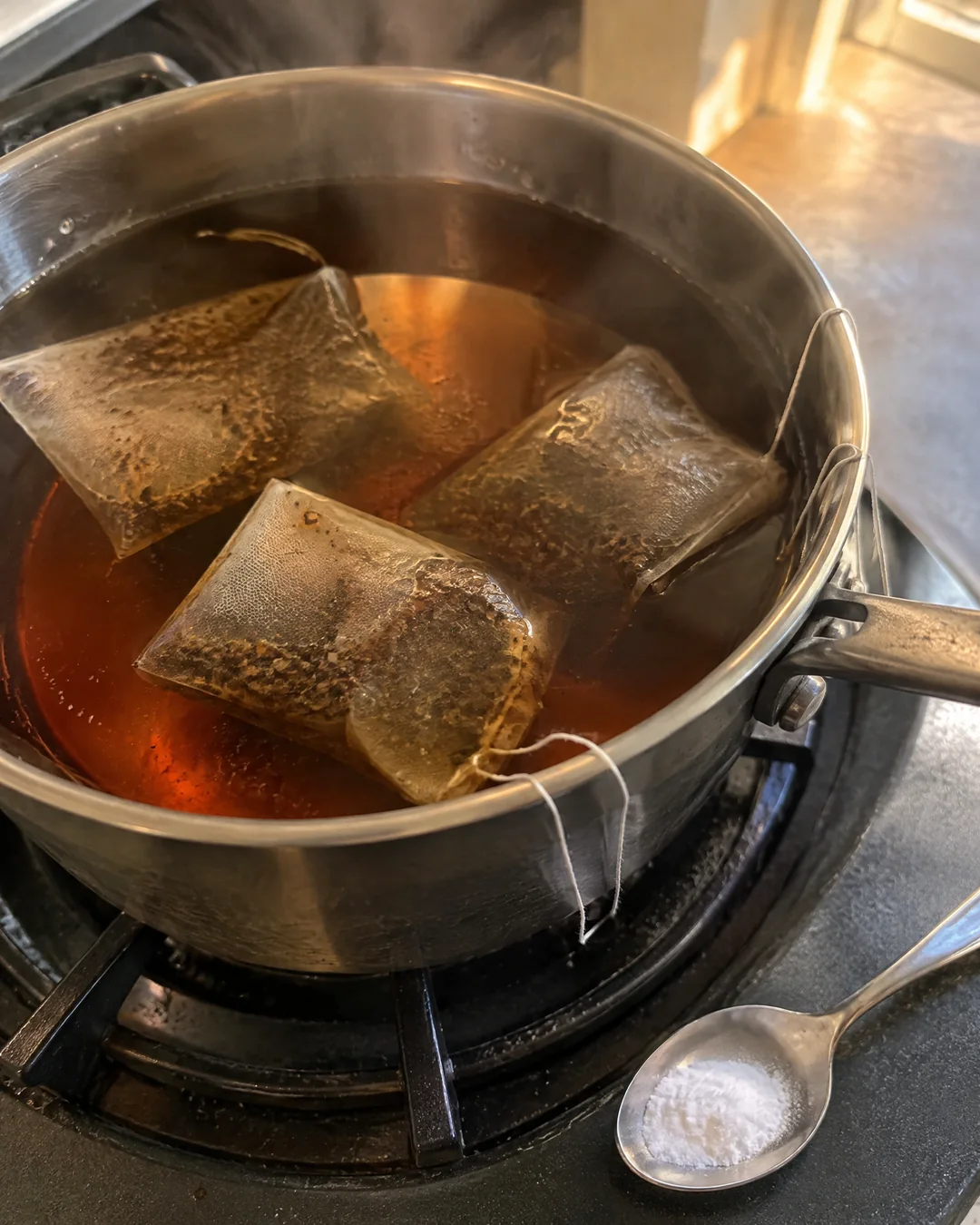 Family-size tea bags steeping in a saucepan of hot water off the heat, the water turning deep amber