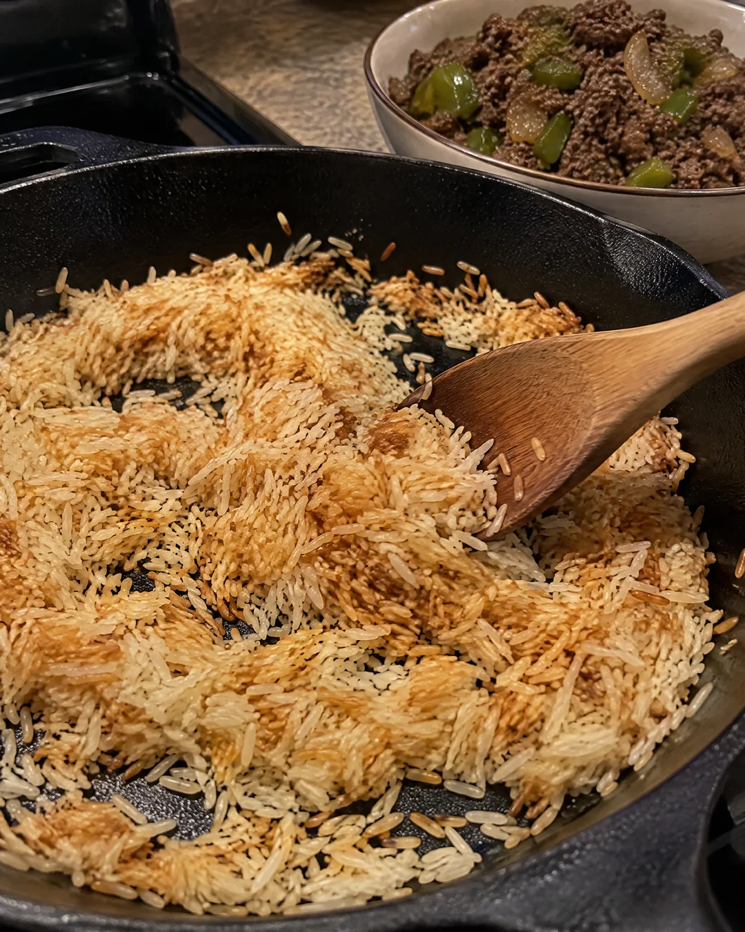 Toasting dry rice in a skillet