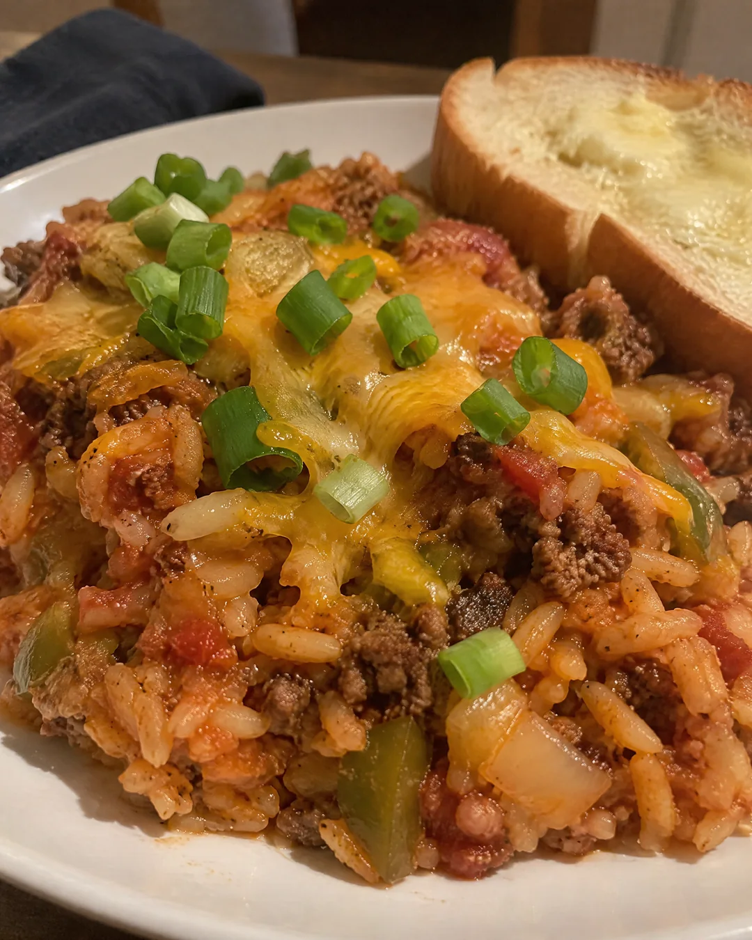 A plate of Spanish rice with ground beef and cheese