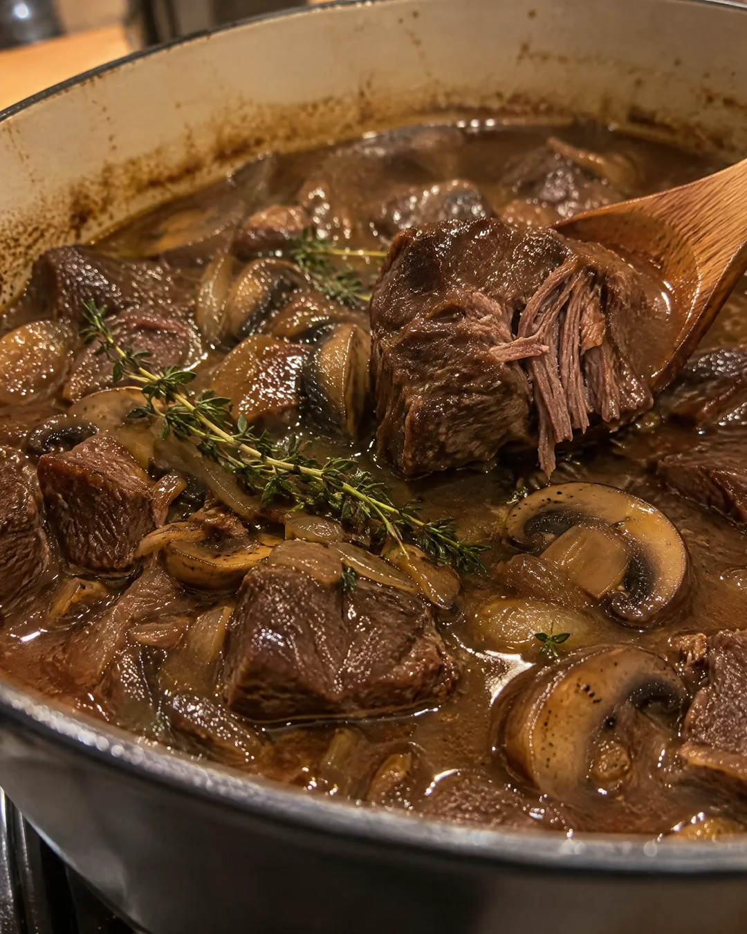 Slow-cooked beef and mushrooms in thick dark gravy
