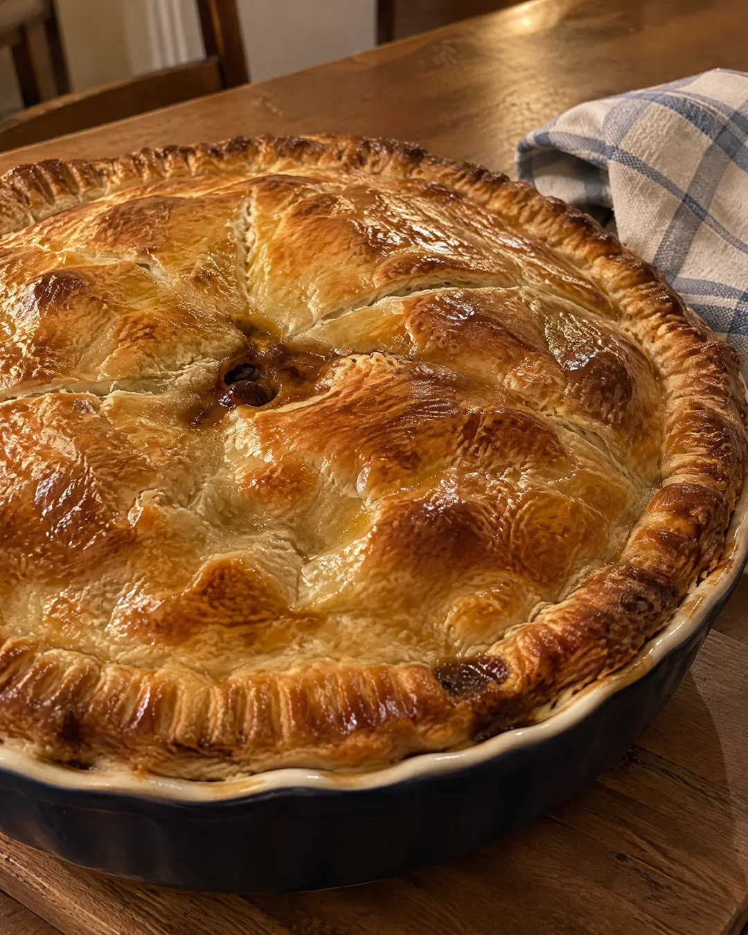 Golden puff pastry lid on a steak and mushroom pie