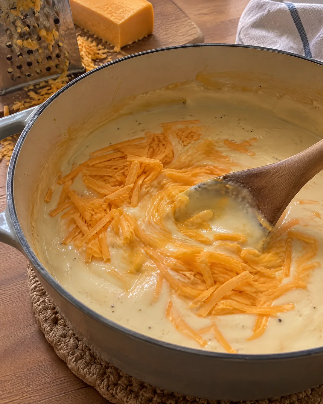 Grated cheddar being stirred into cheese sauce off the heat