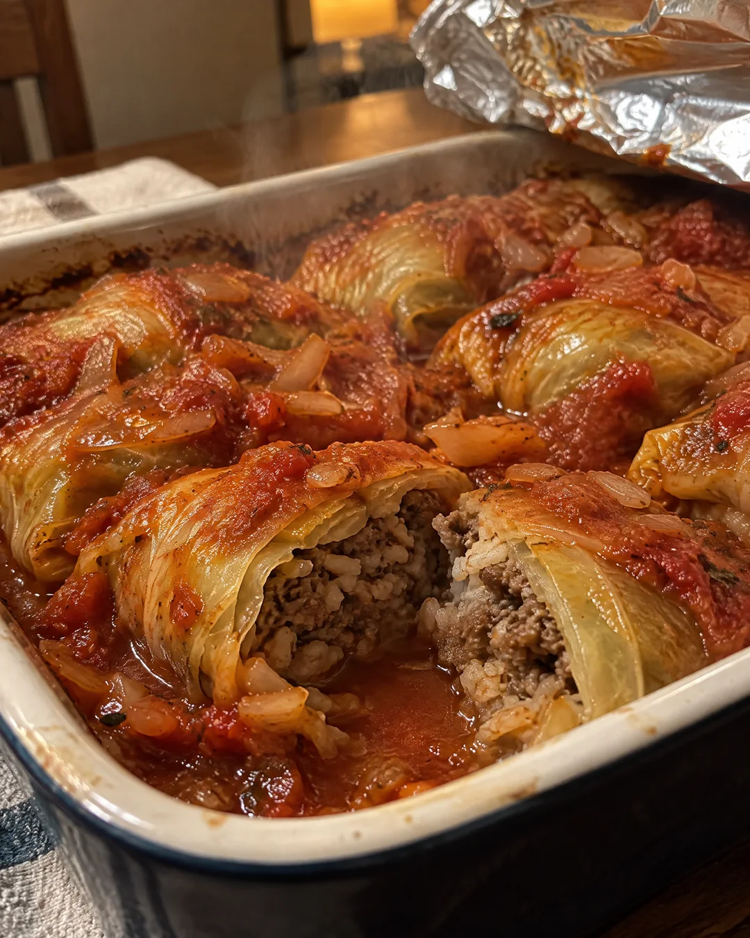 Baked stuffed cabbage rolls in thick tomato sauce, one roll cut open to show the beef and rice filling