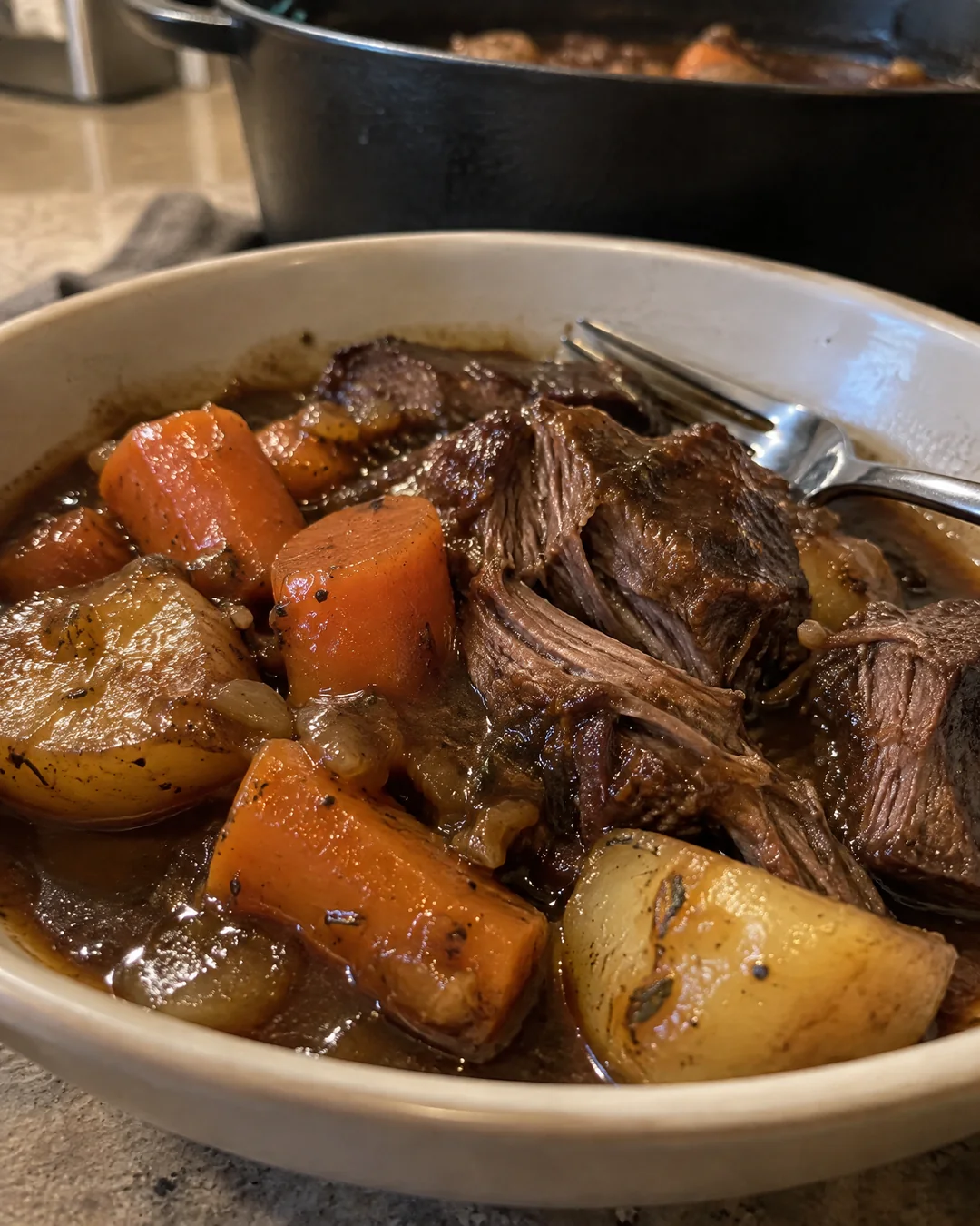 A shallow bowl of Sunday pot roast pulled into pieces with soft carrots and potatoes in dark onion gravy