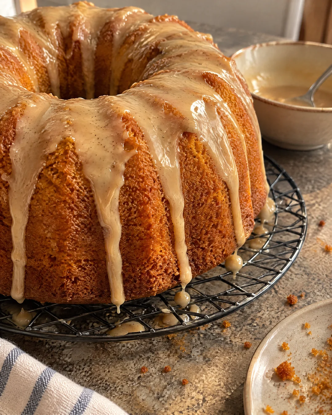 Brown butter glaze being spooned over a sweet potato pound cake on a rack