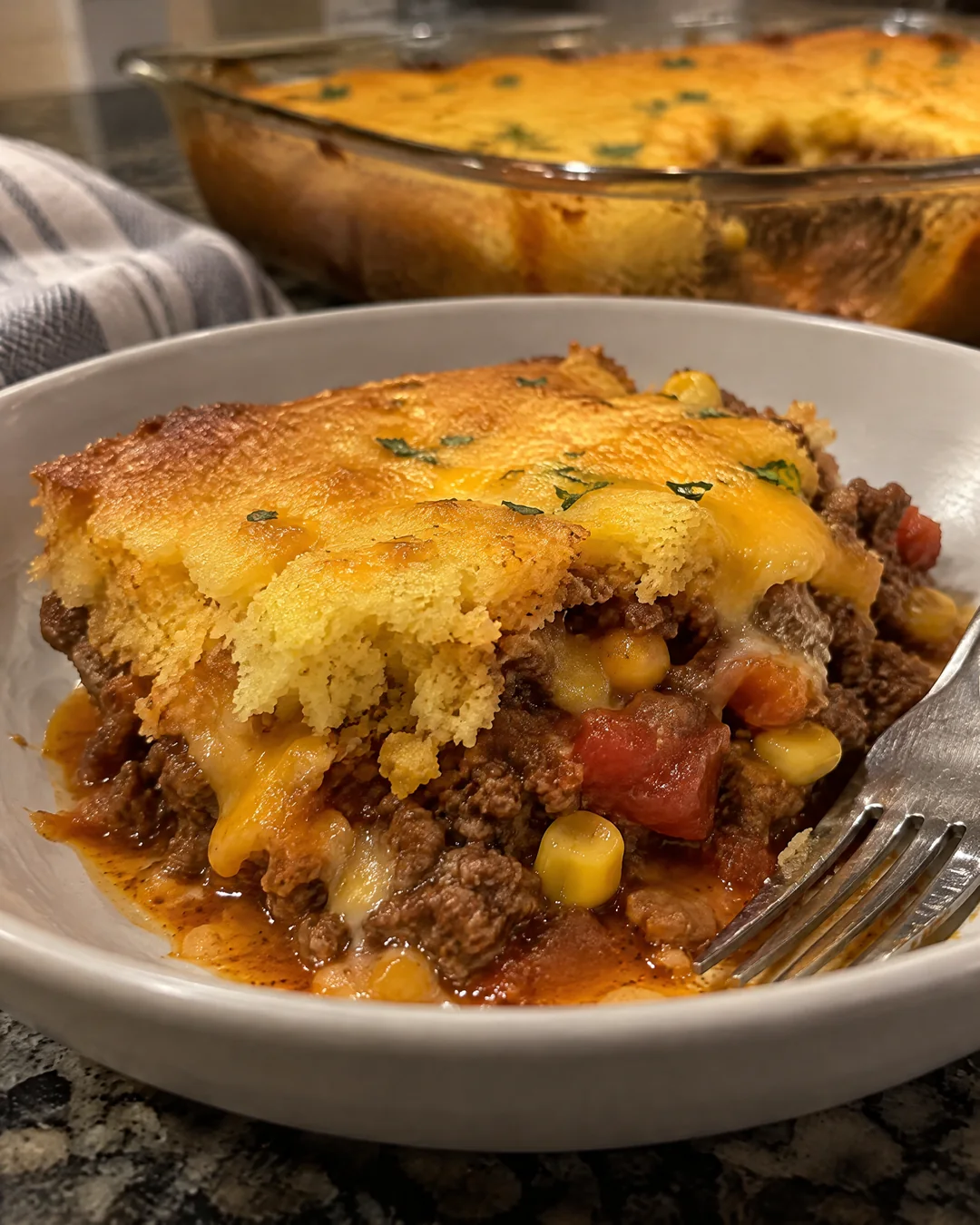 A square of baked tamale pie in a shallow bowl, the gold cornbread lid cut through to show the beef, corn and tomato filling