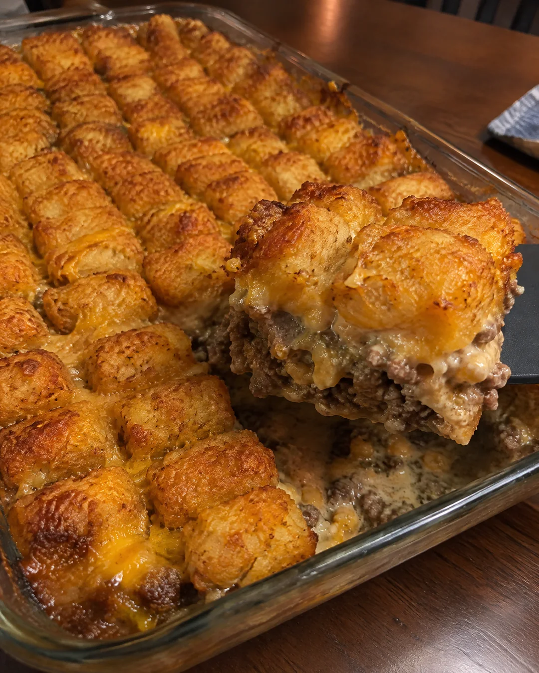 Baked tater tot hotdish with golden crispy tots and bubbling edges